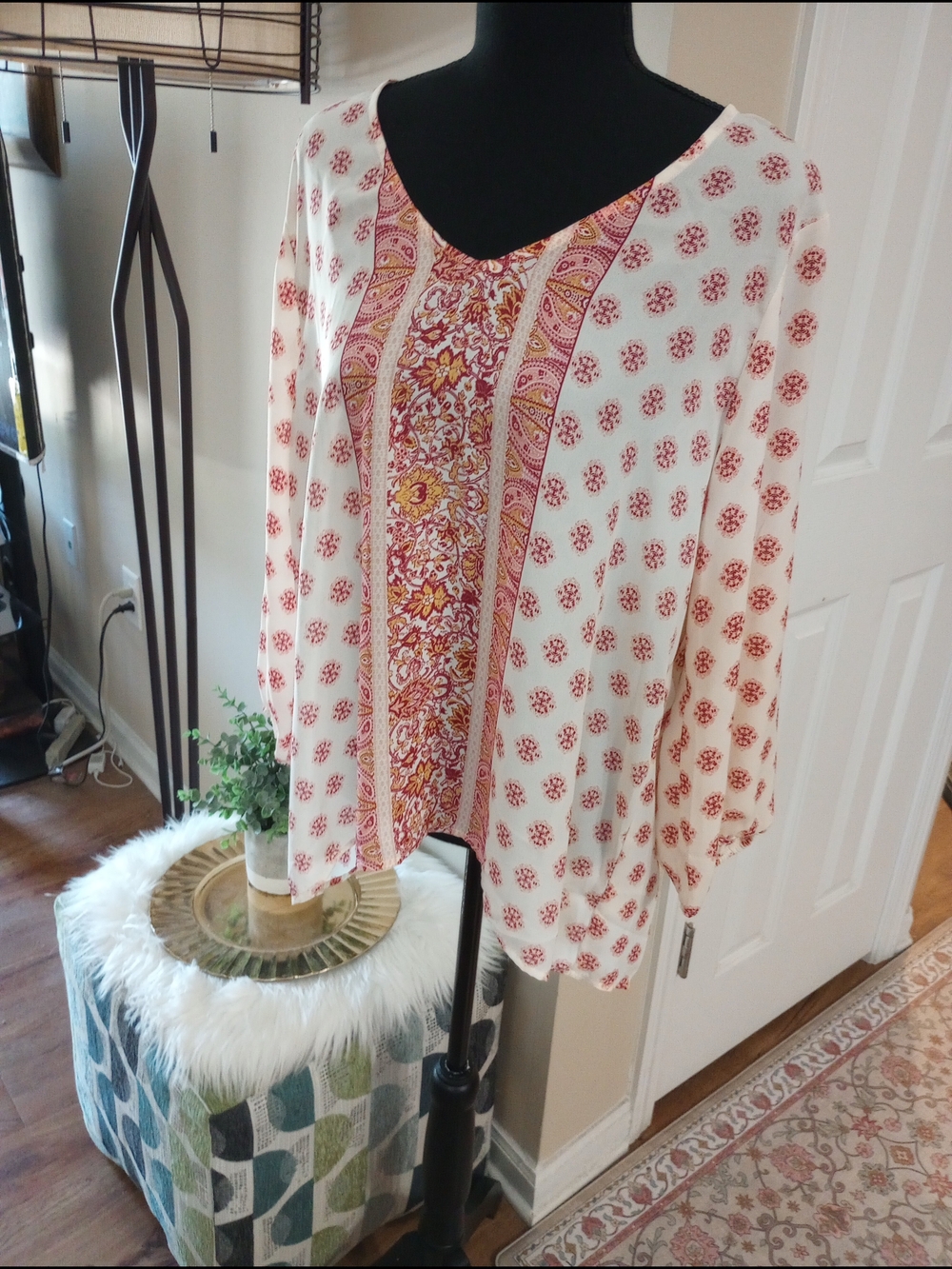 Eyeshadow Cream Boho Tunic with Red Floral and Orange Accent